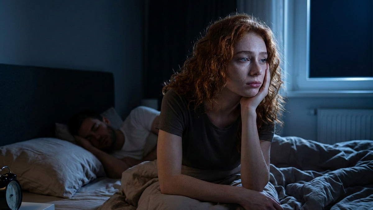 A woman lies awake at night