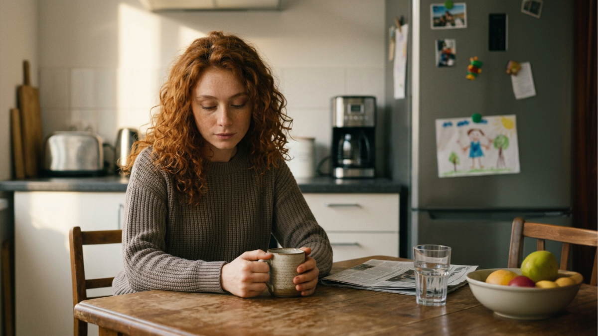 A woman sits alone at a kitchen table in morning light