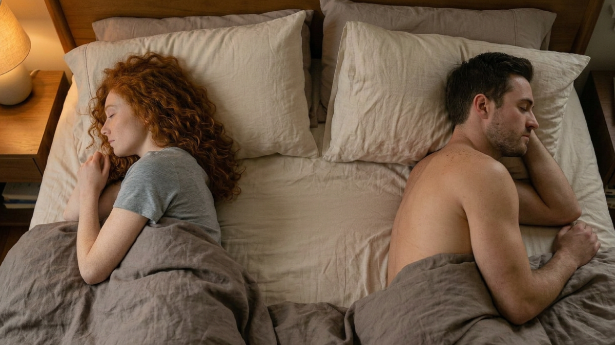 A couple in bed, distance between them