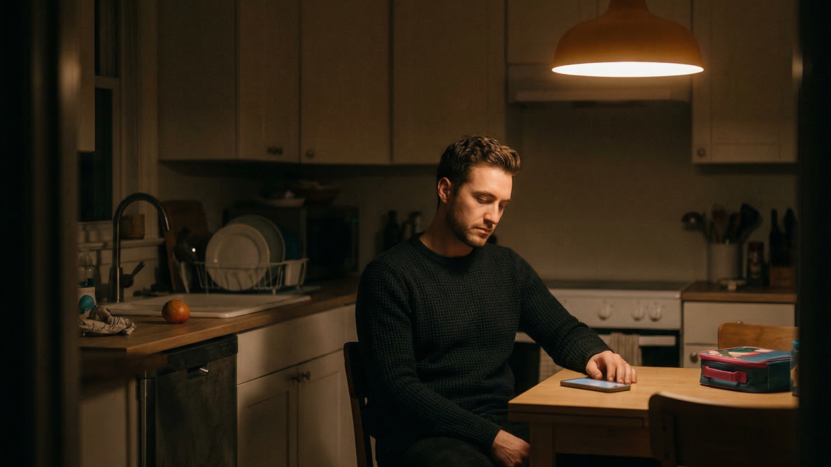 A man sitting alone at a kitchen table at night, one light on