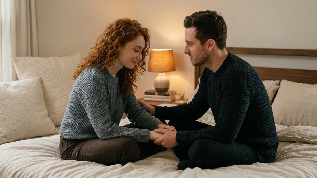 A couple on bed facing each other, holding hands, vulnerability and relief