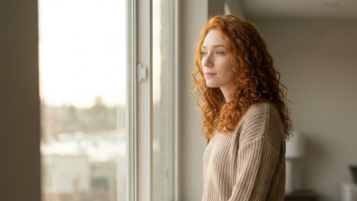 A woman looking out a window, contemplative