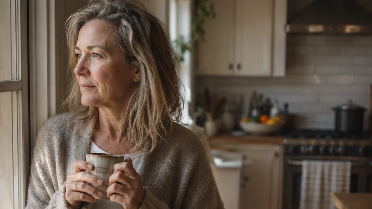 A woman holding coffee in a quiet kitchen, morning light