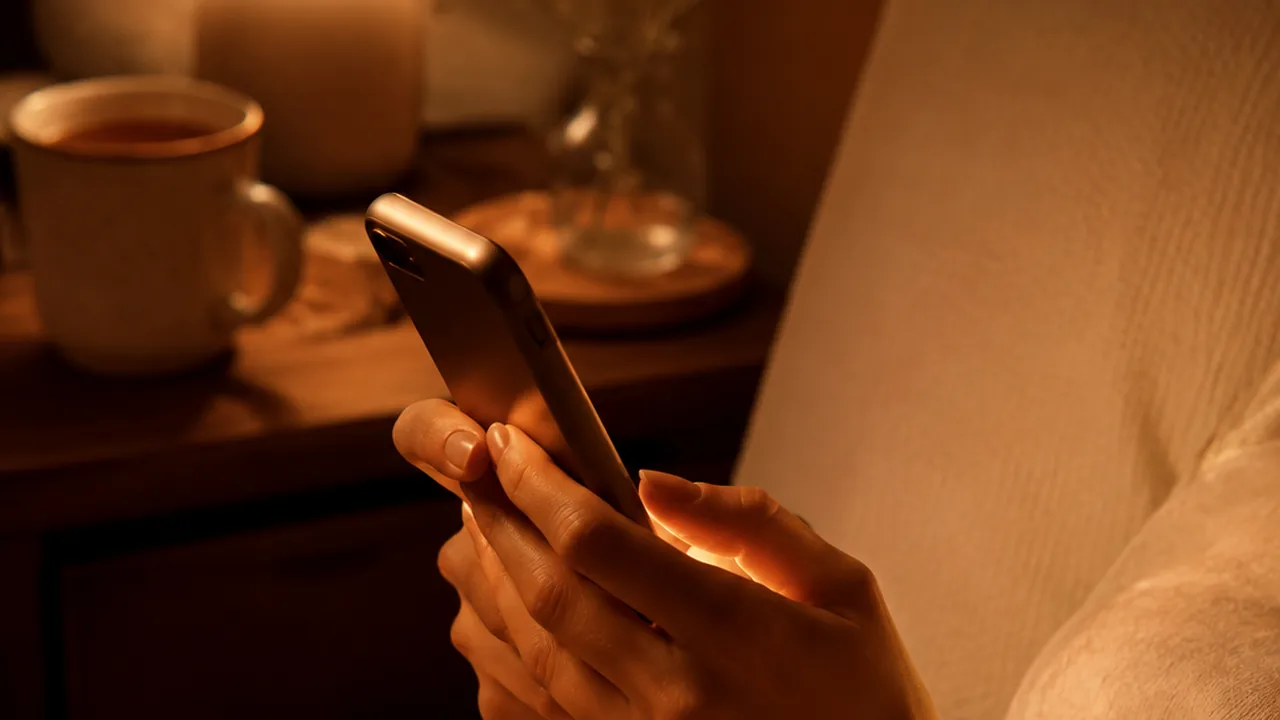 A woman reading on her phone in bed at night, warm lamp light, a mug on the nightstand