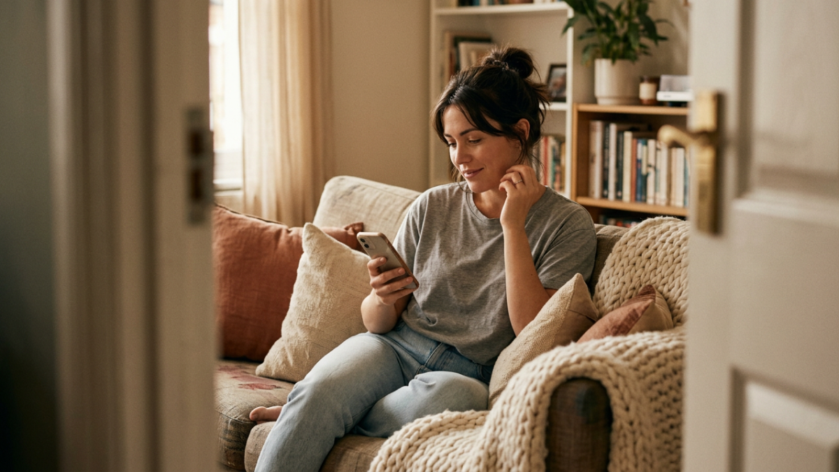 A woman absorbed in reading, natural light, private moment