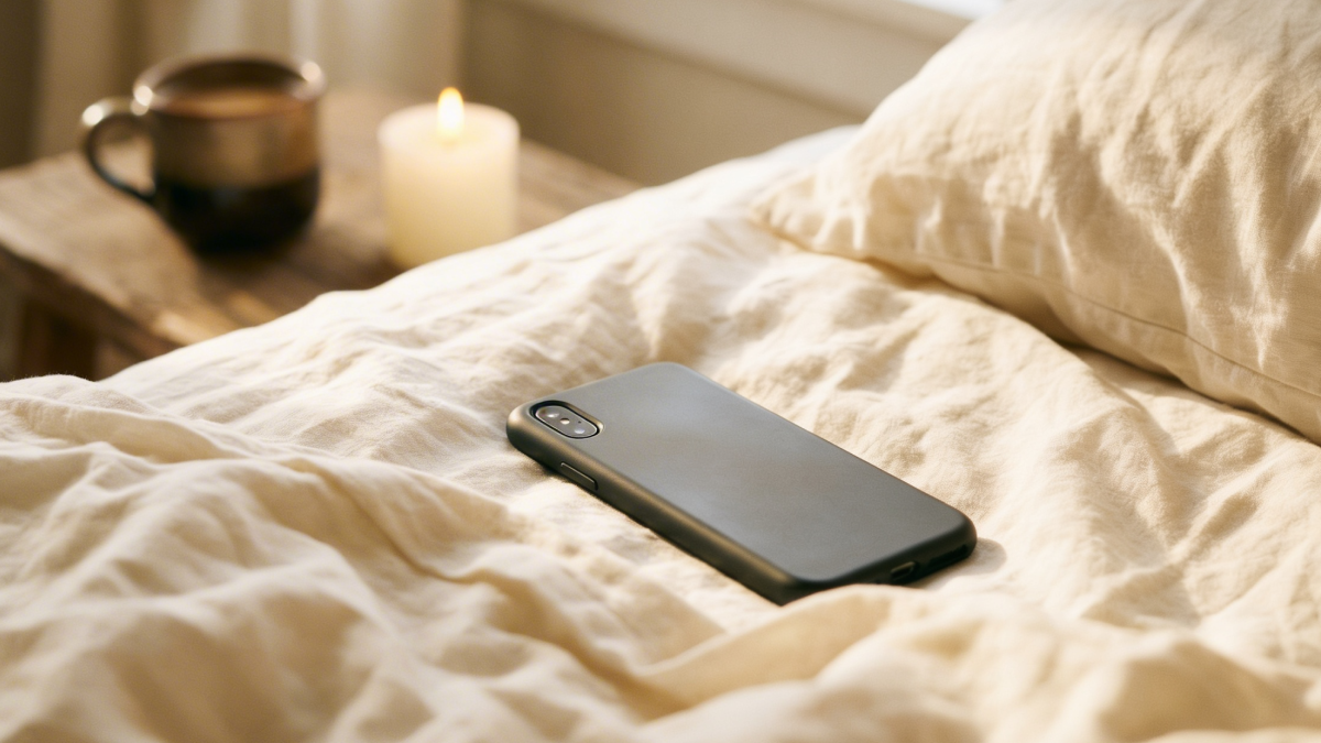 Book on crumpled bedsheets, morning light, coffee nearby