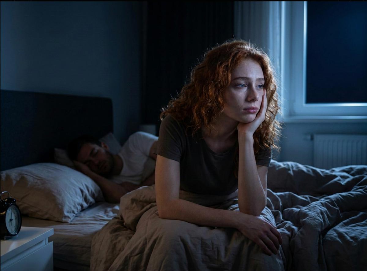 A woman sits awake at the edge of the bed at night, her partner asleep behind her.
